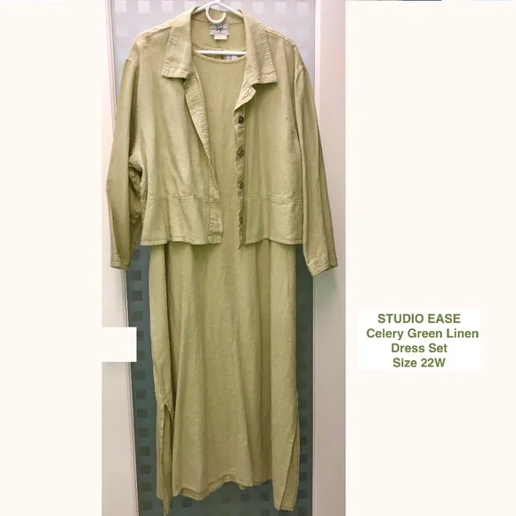 Studio Ease Dresses | Hp Studio Ease Linen A-Line Maxi + Dress Jacket Set Celery Green Vintage 22w | Color: Green | Size: 22w | Aspiring's Closet Studio Ease Dresses | Hp Studio Ease Linen A-Line Maxi + Dress Jacket Set Celery Green Vintage 22w | Color: Green | Size: 22w | Aspiring's Closet